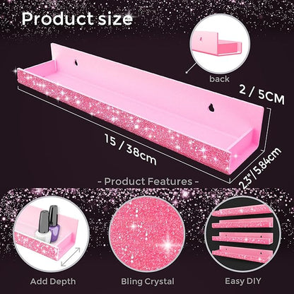 4 Pack 15 Inch Nail Polish Organizer，Diamond Crystal Rhinestone Acrylic Nail Polish Organizer，Sunglasses Essential Oil Picture Display Storage Pink