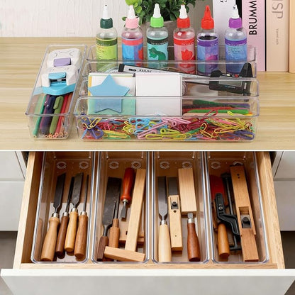 6 Pcs Large Clear Plastic Drawer Organizers Tray 12"x3" Storage Bins with 25 Pcs Non-Slip Pads for Makeup, Jewelries, Kitchen Utensils, Bathroom and Office