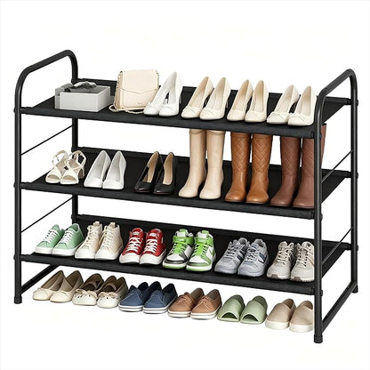 Ekisemio 3-Tier Stackable Shoe Rack – Expandable & Adjustable Fabric Shoe Organizer, Space-Saving for Closet, Black