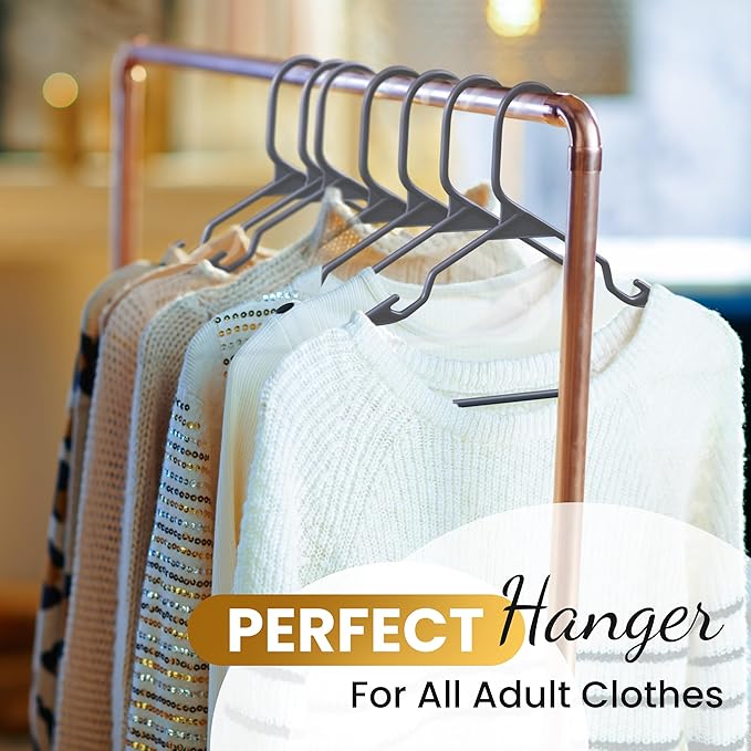 Our Modern Space 200 Pack Plastic Hanger for Shirt Pants Coats Dresses Skirts Suits Jackets - Standard Thick Coat Hanger - Sturdy & Durable Design with Shoulder Grooves Hook - Grey
