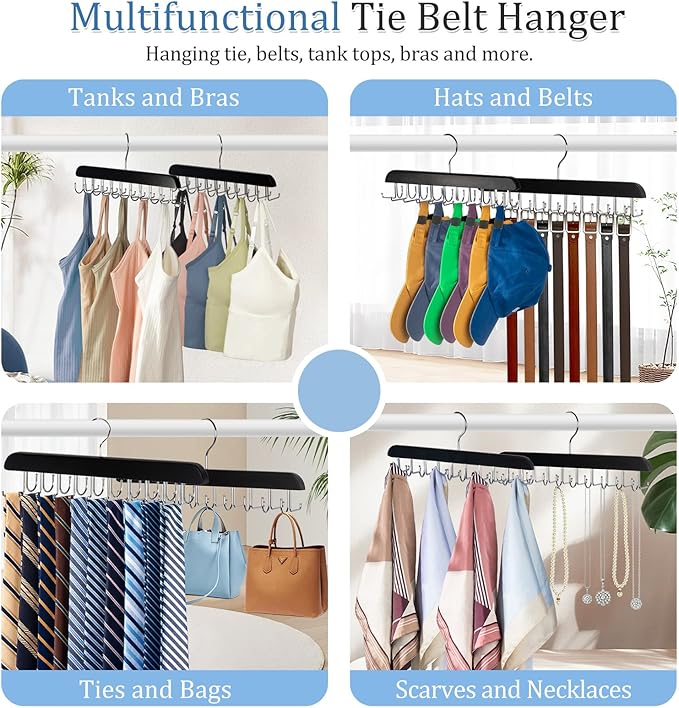 2 Pack 2-in-1 Belt and Tie Hanger for Closet, Upgraded Tie Rack with 20 Foldable Non-Slip Hooks, Max 30 Belts and 30 Ties, Space-Saving Wooden Tie and Belt Organizer for Camisoles, Bras, Scarves