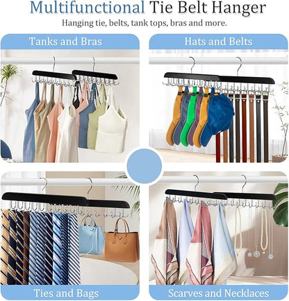 2 Pack 2-in-1 Belt and Tie Hanger for Closet, Upgraded Tie Rack with 20 Foldable Non-Slip Hooks, Max 30 Belts and 30 Ties, Space-Saving Wooden Tie and Belt Organizer for Camisoles, Bras, Scarves