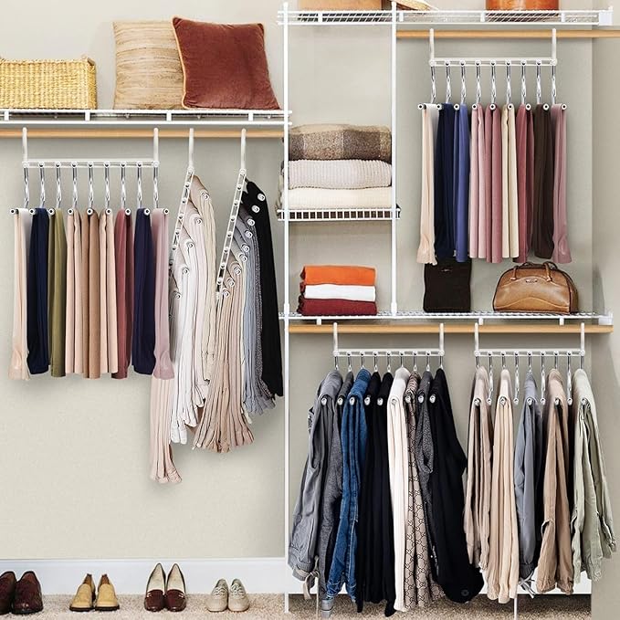 Upgrade 9 Layers Pants Hangers Space Saving, 4 Pack Pant Hangers Organizer Multifunctional Pants Rack Space Saver Closet Organizers and Storage Hangers for Pants Jeans Leggings Skirts, Snowy White