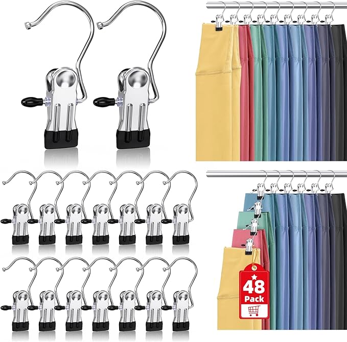 48 Pack Boot Hangers Clips for Closet, Laundry Hooks Hanging Clips Pants Hangers with Clips Legging Organizer Clothes Pins Hanger Clips for Closet Organizer Towel Socks Hats Jeans Home Travel Silver