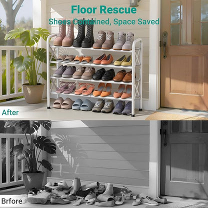 YEASHEIN 4-Tier Expandable Shoe Rack for Closet Floor, X-Frame Metal Small Shoe Rack for Entryway, Adjustable Shoe Shelf Organizer, Free Standing Shoe Racks for Front Door Entrance, Garage - White