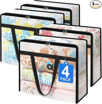 TasticTotes 4 Pack Clear Storage Bags for Comforter, Clothes & Bedding, Plastic Blanket Storage with Zipper and Handle, Moving Bags, Closet Organizer and Under-Bed Storage (60L)