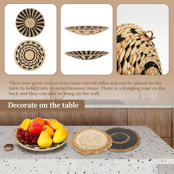 7 Pcs Boho Wall Basket Decor, Rattan Wicker Boho Wall Decor, Hanging Woven Basket Wall Decor, Round Handmade Wall Art for Living Room Bedroom Display Table Settings Home Christmas Decoration (Black)