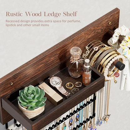 Lolalet Wall Mounted Hanging Jewelry Organizer, 15 Hooks Wooden Necklaces Holder with Storage Shelf, Easy Install Earrings Bracelets Hanger -Brown
