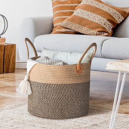 CHICVITA Wicker Laundry Basket With Handles, Storage Baskets for Decor, Rope Basket for Blankets, Toys, Clothes, Shoes, Plant Basket for Living Room, 14" X 14" X 12"