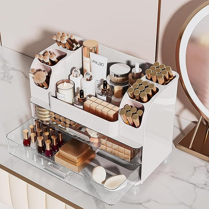 Delamu Large Makeup Organizer Countertop with 6 Brush Holders, Makeup Organizers for Vanity with 2 Large Drawers, Easy to Store Skincare, Lipsticks, Nail Polishes, Perfumes, Eyeshadow Palettes, White