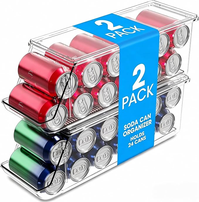 2 Pack Stackable Soda Can Organizer with Lids, Refrigerator Organizers and Storage, Clear Organizers for Pantry, Freezer, Kitchen – Holds 12 Cans Each