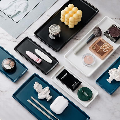 10" Ceramic Bathroom Tray, Minimalist Vanity Organizer for Countertop, Modern Rectangular Soap & Perfume Tray, Water-Resistant Porcelain Jewelry Dish, Set of 2, White
