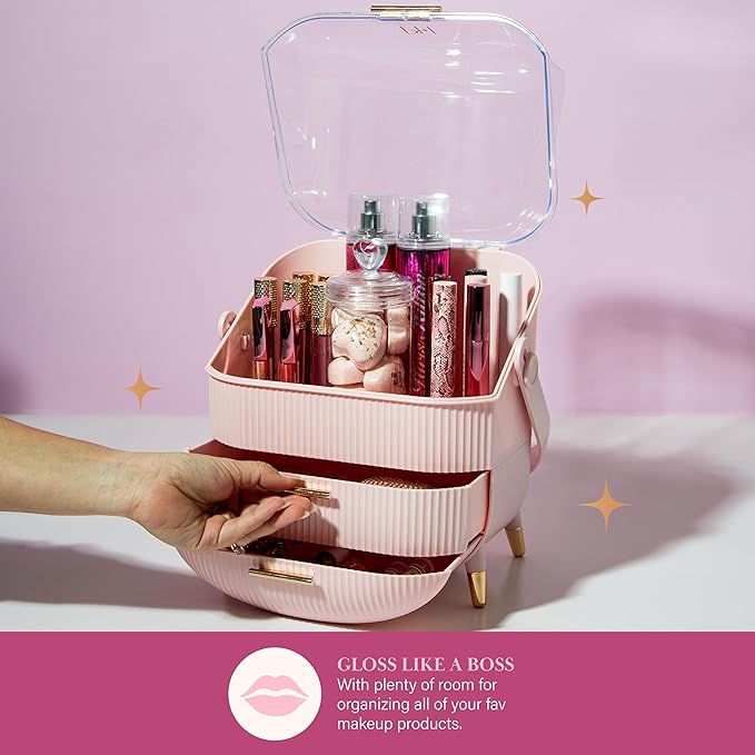 Paris Hilton Makeup Storage Organizer with Lid, Cosmetics and Skincare Organizer for Vanity, Portable Makeup Storage Box for Countertop, Fluted Design with Gold Accents, Pink