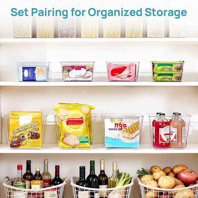 Vtopmart 8 Pack Clear Plastic Storage Bins Set, 4 Large Pantry Organizer Bins with Handle and 4 Medium Snack Organizer Bins with 4-Compartment for Pantry, Kitchen, Fridge, Cabinet Organization