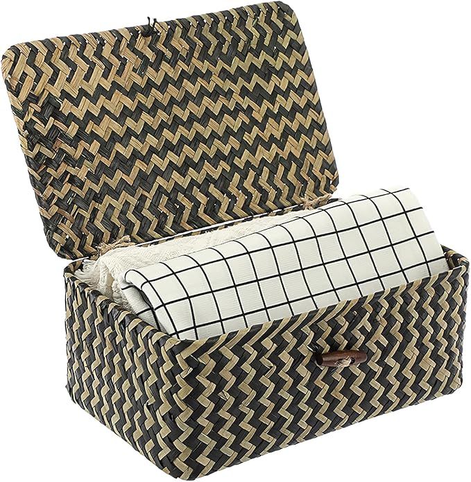 Hipiwe Seagrass Storage Baskets with Lid Woven Wicker Storage Bins for Organizing Natural Rectangular Home Organizer for Bedside Living Room Entryway Table,10.2" x 6.3" x 3.9"
