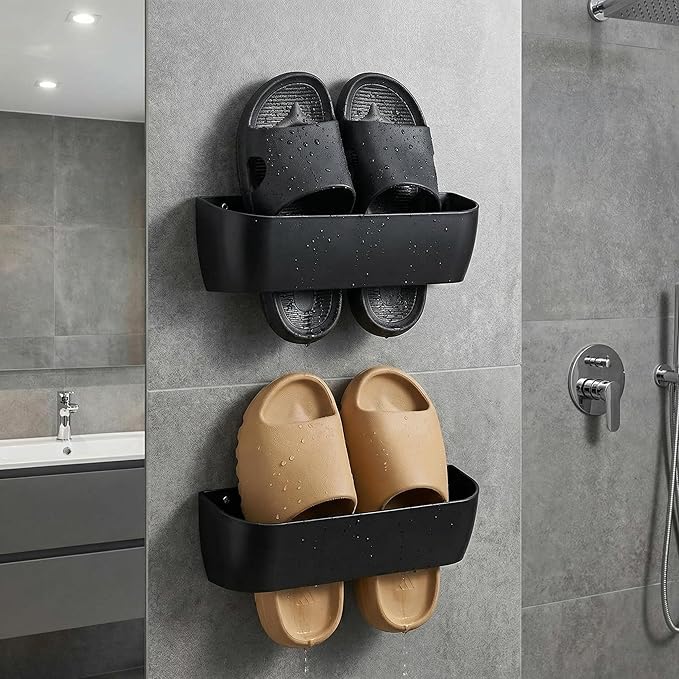 Wall Mounted Shoe Rack 2-Pack with Sticky Strips, Durable Plastic Shoe Holder & Organizer for Door/Wall, Hanging Shoe Hanger for RV, Closet & Home (Black)