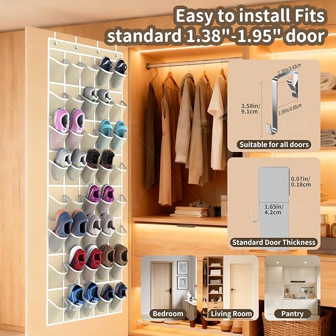 Over the Door Shoe Organizer with 40 Large Pockets, Multi-Purpose Storage for Shoe and Accessories, Durable Fabric with Adjustable Hooks for Home Closet Bedroom Entryway -Beige