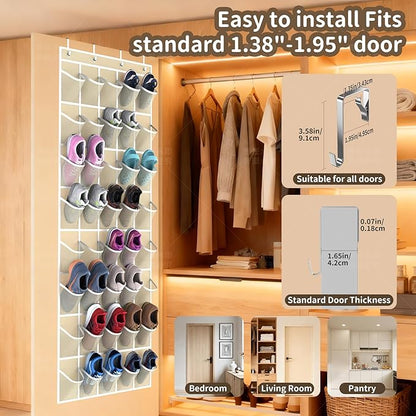 Over the Door Shoe Organizer with 40 Large Pockets, Multi-Purpose Storage for Shoe and Accessories, Durable Fabric with Adjustable Hooks for Home Closet Bedroom Entryway -Beige
