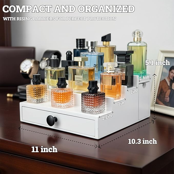 Wooden Cologne Organizer for Men 4 Tier | White Perfume Holder Shelf for Dresser | High Grade Velvet Lining and Stylish Gift Box | Uncluttered Design Perfume Display Stand