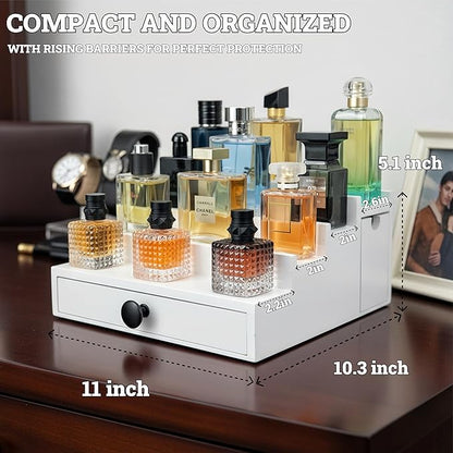 Wooden Cologne Organizer for Men 4 Tier | White Perfume Holder Shelf for Dresser | High Grade Velvet Lining and Stylish Gift Box | Uncluttered Design Perfume Display Stand