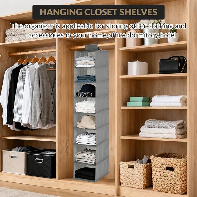 Garvee 3-Tier Hanging Shoe Organizer for Closet, Gray 8-Shelf Storage Holder with 2 Hooks, No Tools Needed Installation, Space-Saving Shelf for Shoes, Purses, Scarves, Accessories (3 Pack)