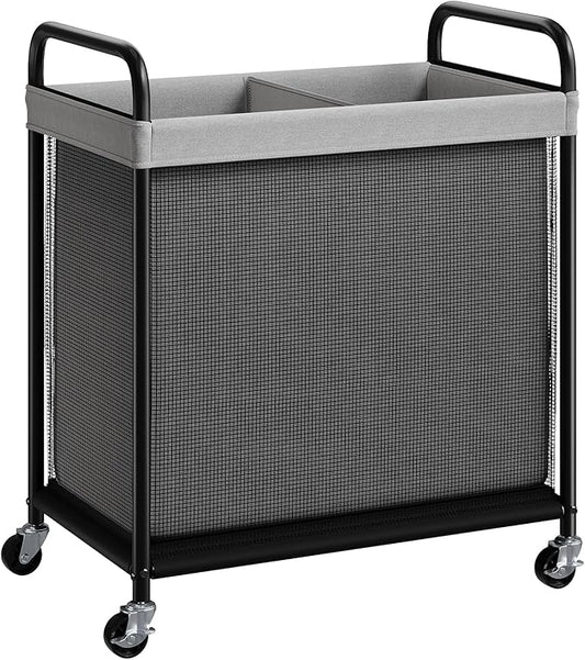 ELYKEN Laundry Hamper 2 Section, 100L Rolling Laundry Sorter with Removable Liner Bag, Laundry Basket with Wheels, Steel Frame with Metal Handle, Clothes Hamper Cart for Laundry Room & Bedroom