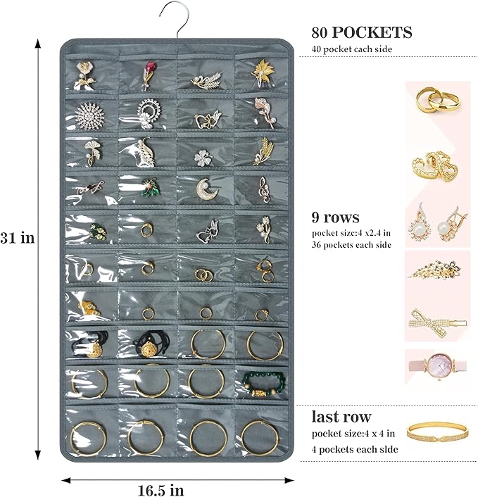 Hanging Jewelry Organizer for Closet Wall Door Double-Sided Jewelry Holder for Earrings, Necklaces, Rings 1 Pcs (Grey)