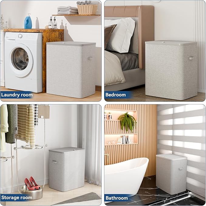 Dual Section 90 liter/23.8 gallon Laundry Hamper Separation Basket with lid, 2 Removable Washing Bags with Handles,Large Laundry Sorter for Easy Clothes Separation - Gray