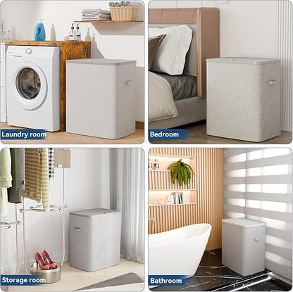 Dual Section 90 liter/23.8 gallon Laundry Hamper Separation Basket with lid, 2 Removable Washing Bags with Handles,Large Laundry Sorter for Easy Clothes Separation - Gray