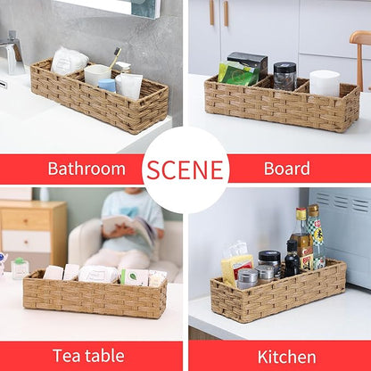 Toilet Tank Topper Paper Basket Multiuse Hand Woven Plastic Wicker Basket Bins with Divider for Shelves Rustic Farmhouse Bathroom Decor Countertop Organizer Storage (Yellow-big 3 boxes)