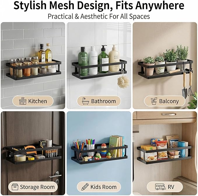 PUSDON 2-Pack Minimalist Shower Caddy Wall Mount, Open Frame Bathroom Shelf Organizer with Mesh Base, Rustproof Floating Spice Rack for Kitchen, Holds 50 LBS, 4 Hooks - Matte Black, Guardrail