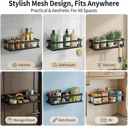 PUSDON 2-Pack Minimalist Shower Caddy Wall Mount, Open Frame Bathroom Shelf Organizer with Mesh Base, Rustproof Floating Spice Rack for Kitchen, Holds 50 LBS, 4 Hooks - Matte Black, Guardrail