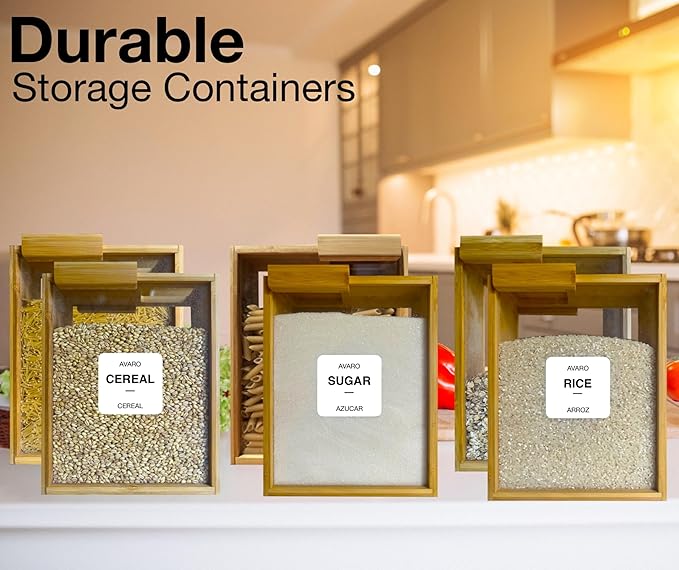 AVARO Food Dispenser – 2.2L Bamboo Cereal Dispenser Countertop & Rice Dispenser – Pantry Storage Containers for Kitchen Pantry & Pantry Organization – Cereal Dispenser & Flour Container (Set of 2)