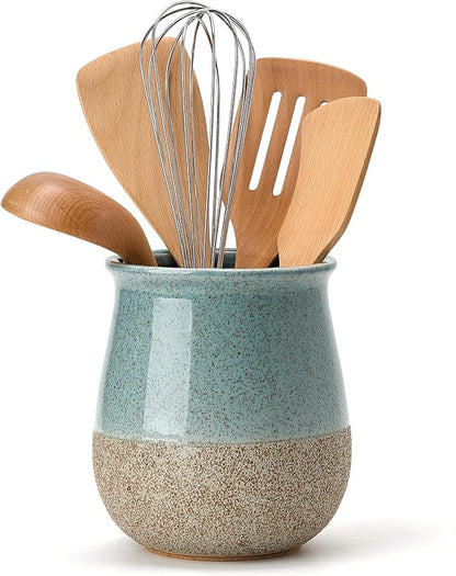 Utensil Holder for Kitchen Counter, Modern Farmhouse Cooking Utensil Holder and Crock Home Kitchen Decor, Ceramic Utensil Organizer for Spatula, Ladle, Eggbeater, Rolling Pin- Blue and Brown