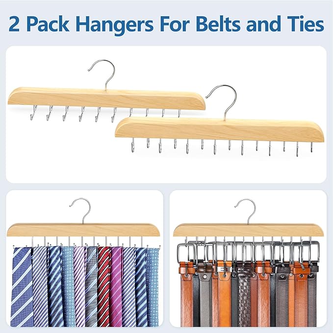 Tie Rack & Belt Hanger 2 in 1 Tie Hanger Space Saving Max 42 Belts& 60 Ties Capacity for Closet Organizers and Storage, Sturdy Wood Belt & Tie Collection Organizer(Wood, 2Pack)