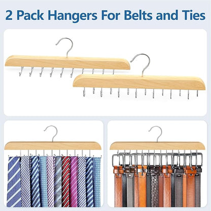 Tie Rack & Belt Hanger 2 in 1 Tie Hanger Space Saving Max 42 Belts& 60 Ties Capacity for Closet Organizers and Storage, Sturdy Wood Belt & Tie Collection Organizer(Wood, 2Pack)