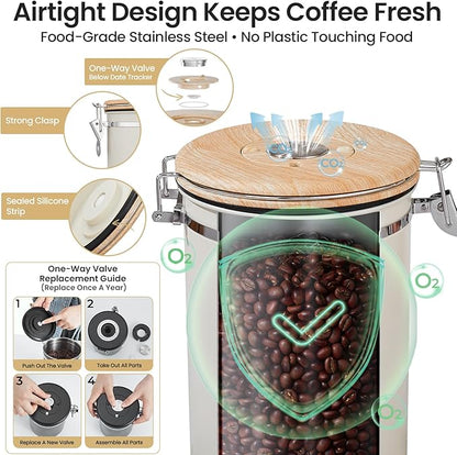 Veken Coffee Canister, 39OZ Large, Mothers Day Gifts For Women, Airtight Stainless Steel Food Storage Container for 2.2lbs Coffee Beans, Ground, Sugar, Tea, Flour, Cereal,Kitchen Bar Accessories,Cream