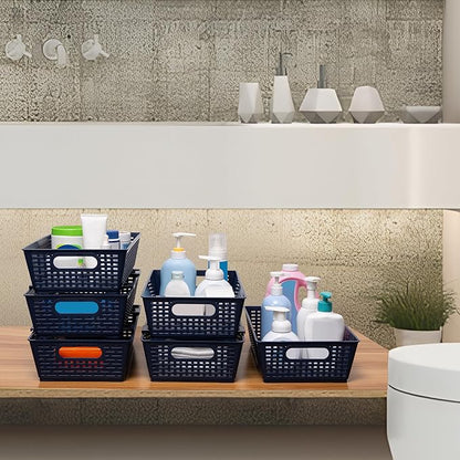 Tiawudi Stackable Woven Plastic Basket, Storage Bins for Cabinet, Closet, Shelf, Under Sink and Countertop, Pantry Organizer Bins, 6 Pack
