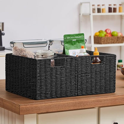 Vagusicc Wicker Storage Basket, Set of 2 Hand-Woven Paper Rope Wicker Basket, Small Storage Baskets for Organizing Toilet Paper Baskets, Foldable Large Cube Storage Organizer Bin for Shelves (Black)
