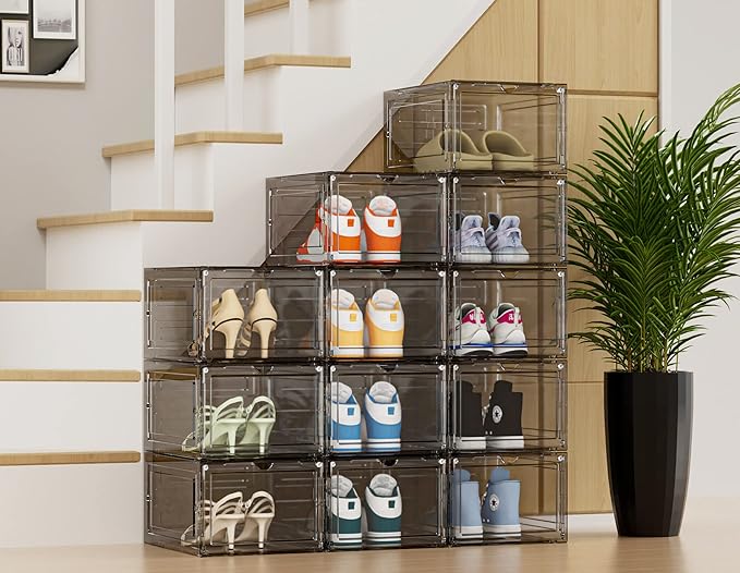 HOMIDEC Shoe Storage, 6 Pack Shoe Organizer Hard Plastic Shoe Box, Shoe Boxes Clear Plastic Stackable, Shoe Boxes with Lids for Size 13, Clear Smoke