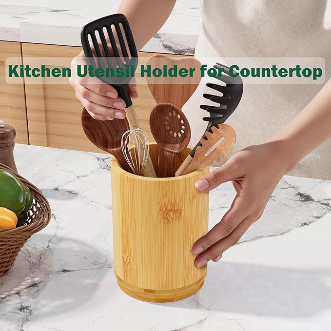 Utensil Holder, Bamboo Kitchen Utensil Holder for Countertop, 360°Rotating Cooking Utensil Crock for Kitchen Counter, 7.2" Large Utensil Organizer for Spatula