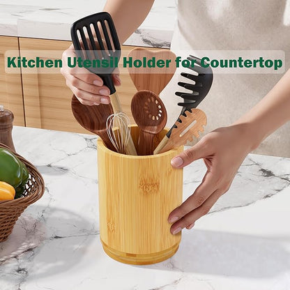 Utensil Holder, Bamboo Kitchen Utensil Holder for Countertop, 360°Rotating Cooking Utensil Crock for Kitchen Counter, 7.2" Large Utensil Organizer for Spatula