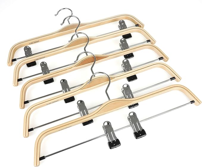 TOPIA HANGER Wooden Pants Hangers,Slim Natural Wood Skirt Hangers with Anti-Rust Hook and Adjustable Metal Clips, Perfect for Skirts, Pants, Slacks-10 Pack-CT17N