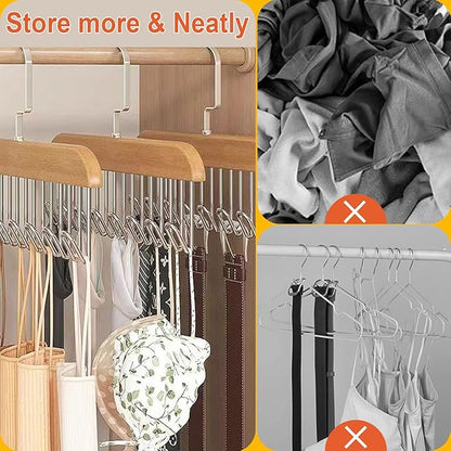 2 Pack Belt Hanger with 16 Hooks, Non-Slip Wooden Skid-Proof Belt Holder, Space-Saving Rotating Display Rack for Belts, Tops, Hats