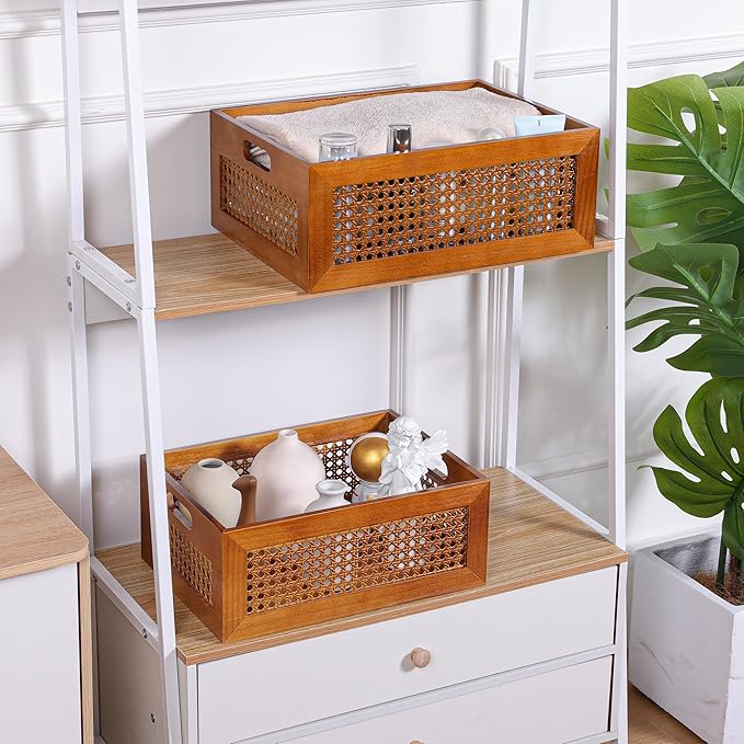 Wooden Storage Basket Handmade Rattan Drawer Storage Box with Frame & Handles Decorative Natural Bamboo Woven Bins Rustic Farmhouse Decor Home Office Tabletop Shelf Organizer 15" x 11" x 5.9"