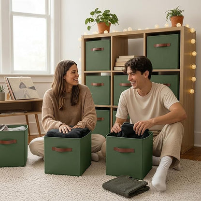 GRANNY SAYS Cube Storage Bins, 11 Inch Storage Cube Organizer, Collapsible Fabric Storage Cubes with PU Handles, Decorative Cube Storage Organizer for Shelves, Closet, Olive Green, 6-Pack
