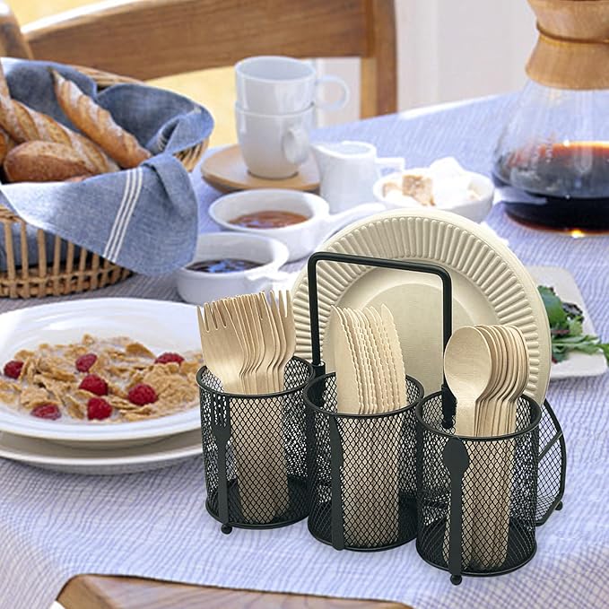 DysanVica Utensil Caddy Silverware Holder - 4 Compartment Metal Mesh Cutlery Fork Spoon Napkin Plate Organizer Flatware Storage Basket Party Kitchen Countertop Buffet Picnic Camping Outdoor BBQ Black