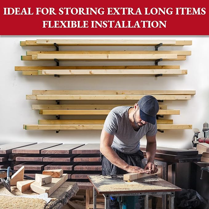 MOOMSINE Lumber Storage Rack Wall Mounted, 6-Level Holds Up 1200 Lbs Heavy Duty Wood Organizer, Metal Shelf for Shed, Workshop, Garage - 4pack - Black