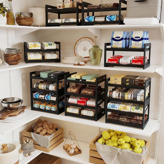 BAMBANG Can Organizer for Pantry, Detachable Bamboo 4 Tier Stackable Can Storage Rack, Rolling Soda Can Dispenser Can Holders for Cabinet, Holds Up to 48 Cans, Black