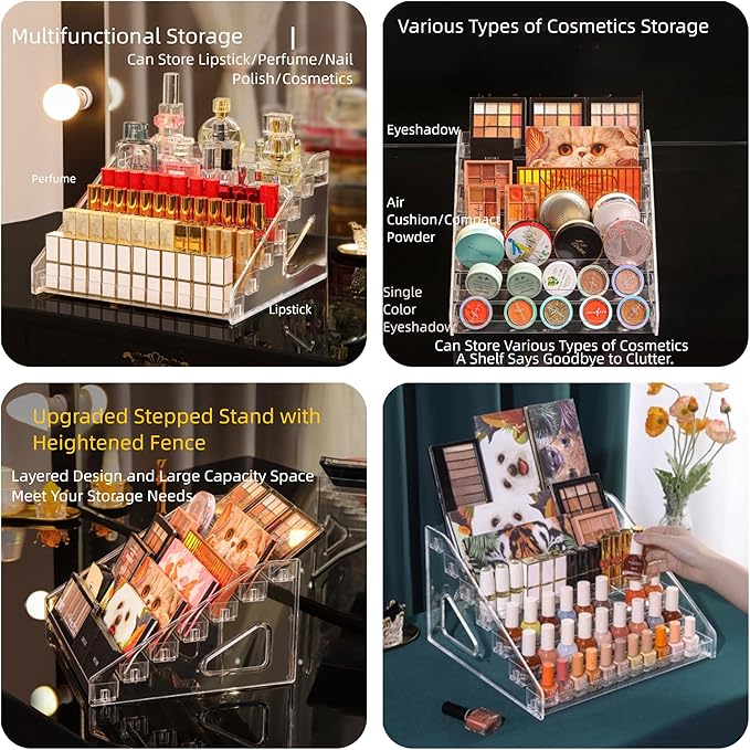 Acrylic Display Rack Cosmetic Large 3 Tiers Organizer Display Cases for Perfumes, Eyeshadow Palettes, Candy, Cookies, Figures